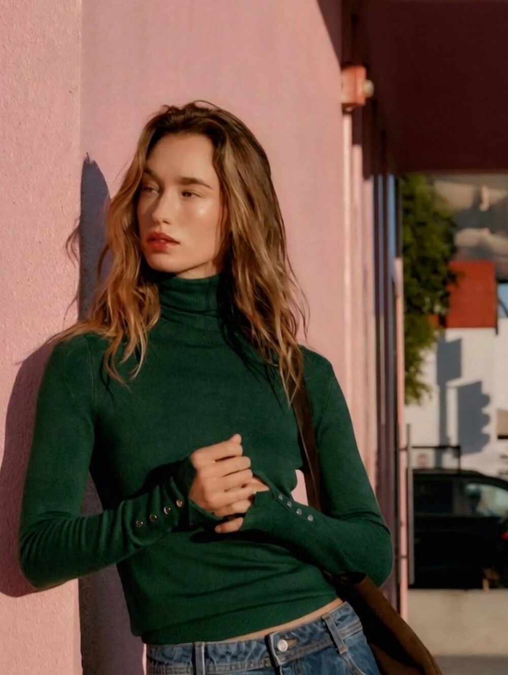 Zara Forest Green Knit Turtleneck Sweater Button Cuff S Dark Academia Office